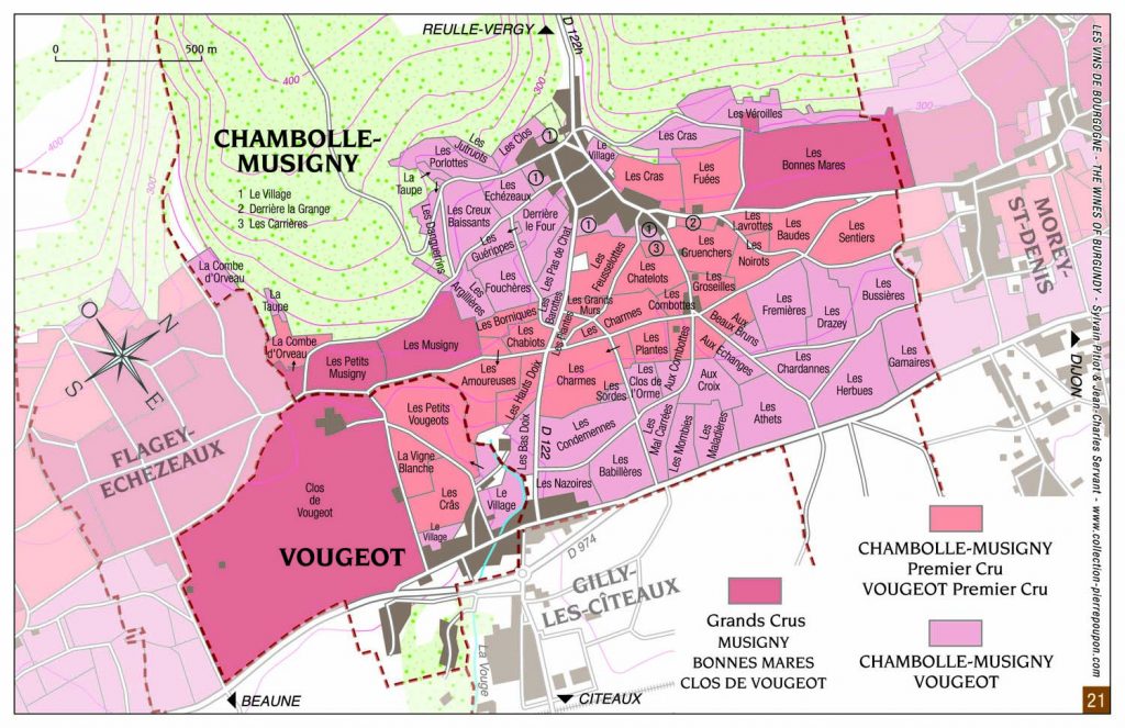 Map of the vineyards of Chambolle-Musigny in Burgundy France