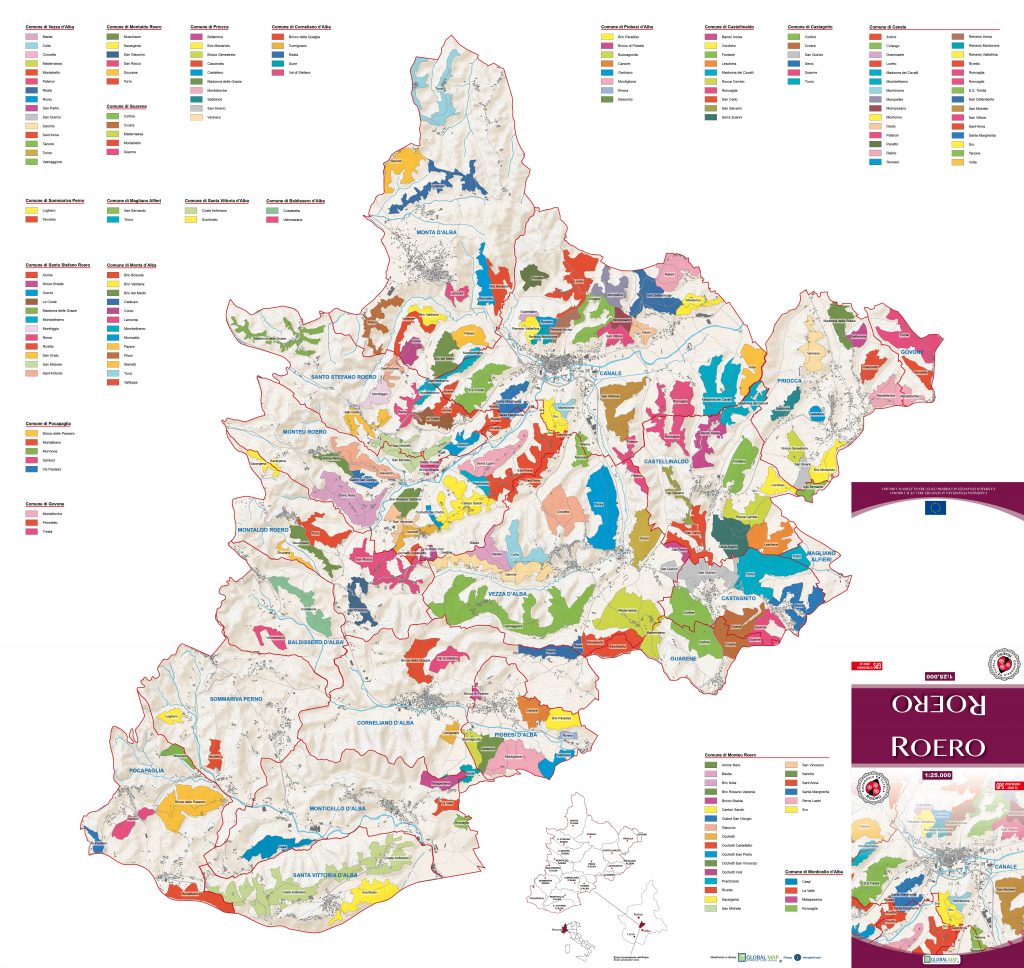 Map of the Roero winemaking region in Italy. 