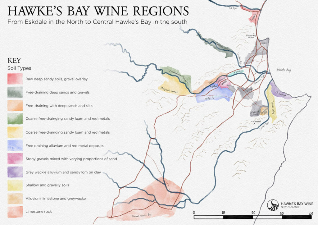 Map of the Hawke's Bay Wine Regions with soil types