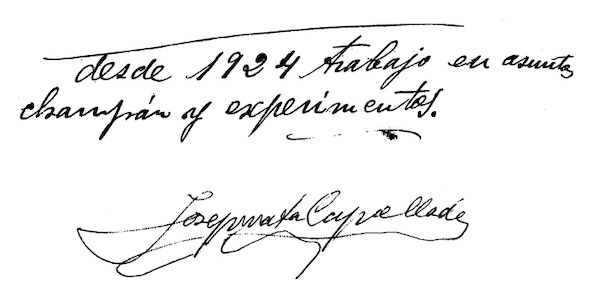 A note signed by Josep referring to his 'Experiments in Champagne'